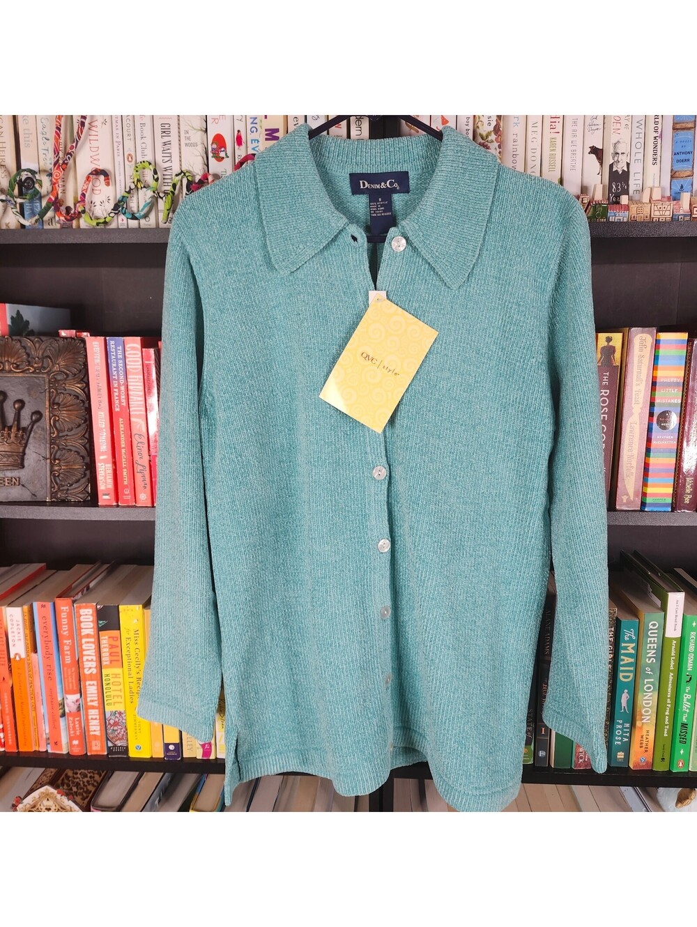 Denim & Co S Aqua Chenille Button Front Cardigan Sweater NWT